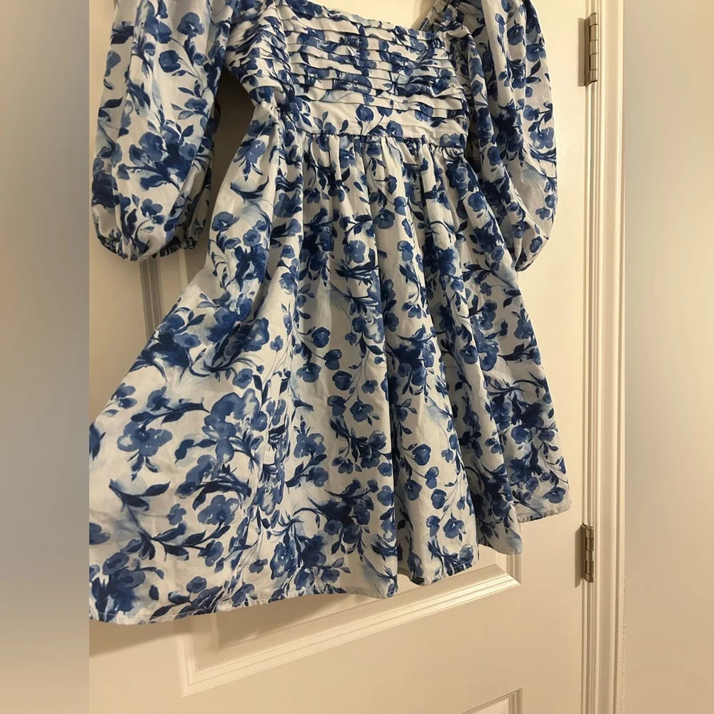 Abercrombie & Fitch Emerson Poplin Puff Sleeve Blue floral Mini Dress Sz XXS - Picture 10 of 14
